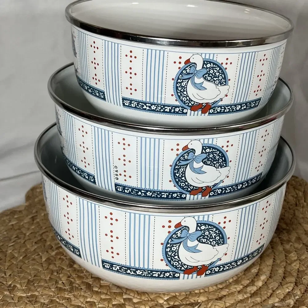 Vintage Baker Hart Stuart Blue Ribbon Goose Enamel Nesting Bowls Set of 3 B & D